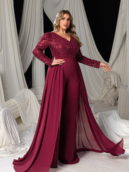Burgundy sequin and chiffon evening jumpsuit back view