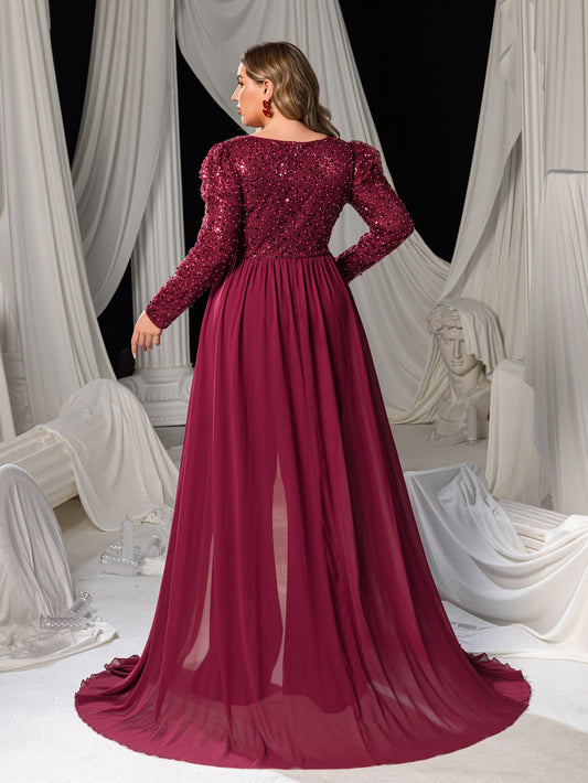 Burgundy formal jumpsuit with chiffon overlay
