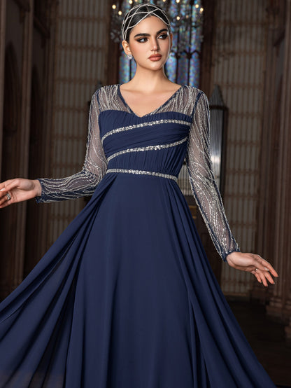 Elegant Chiffon V-Neck Evening Gown with Silver Sequined Translucent Sleeves & Floor-Length Skirt – view 8
