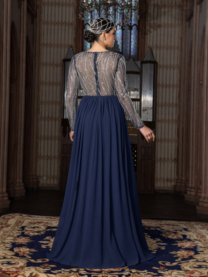 Elegant Chiffon V-Neck Evening Gown with Silver Sequined Translucent Sleeves & Floor-Length Skirt – view 2