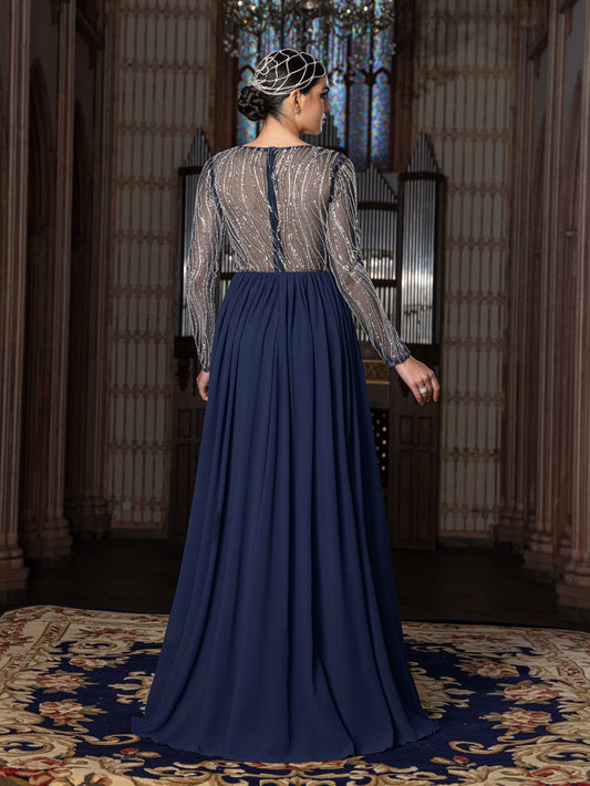 Elegant Chiffon V-Neck Evening Gown with Silver Sequined Translucent Sleeves & Floor-Length Skirt – view 2