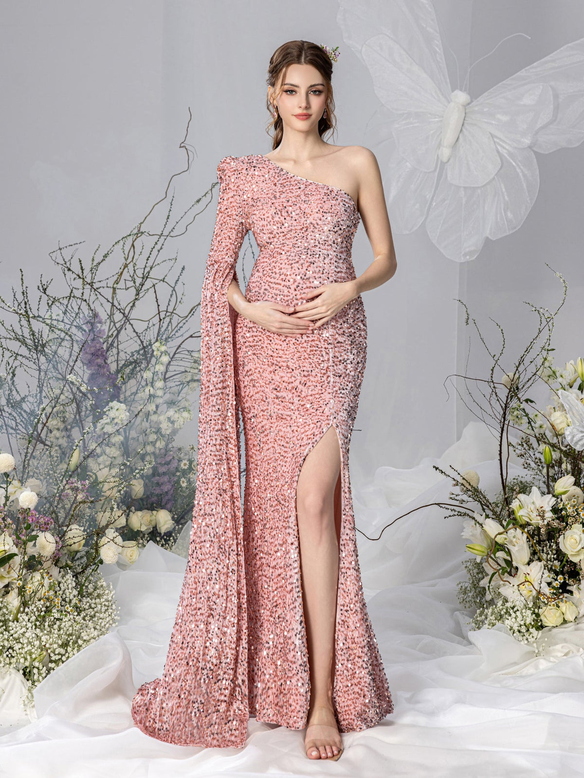 Mermaid Hem One-Shoulder Long-Sleeve Sequin Maxi Maternity Evening Dress in Mauve