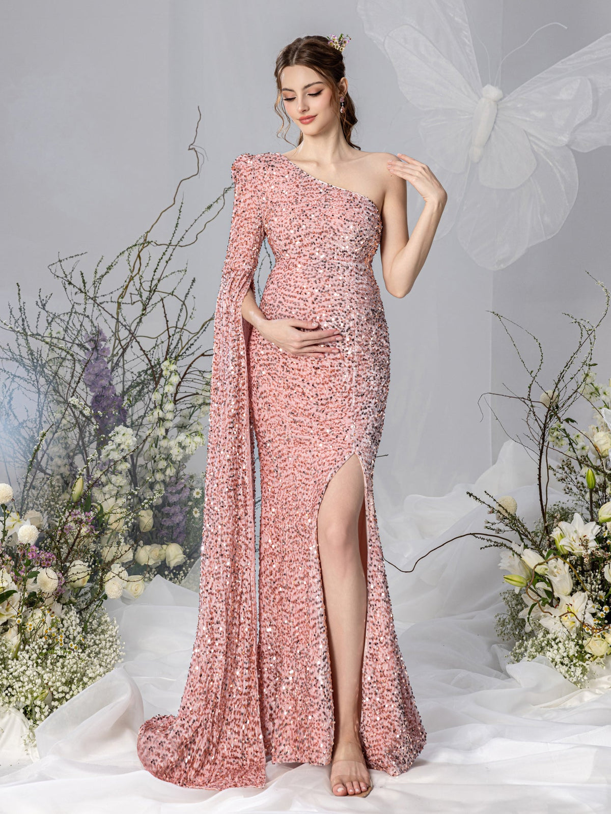Additional product view of Mermaid Hem One-Shoulder Long-Sleeve Sequin Maxi Maternity Evening Dress