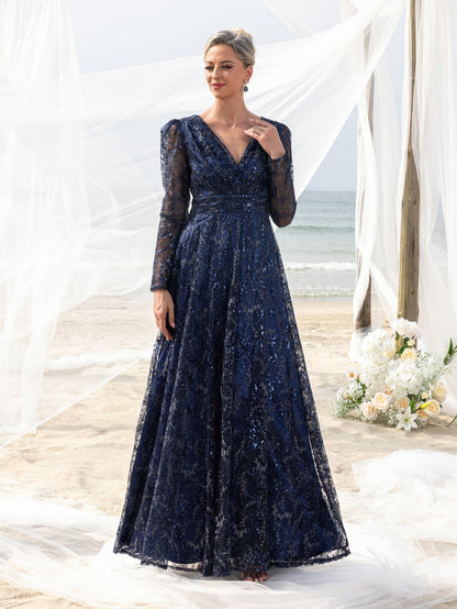 Additional product view of Lace V-Neck Long-Sleeve A-Line Sequin Mother-of-the-Bride Dress