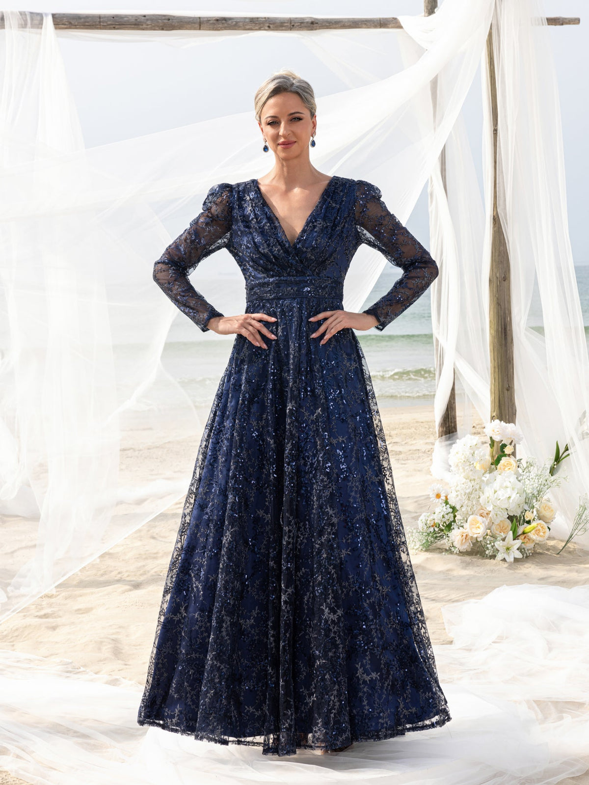 Additional product view of Lace V-Neck Long-Sleeve A-Line Sequin Mother-of-the-Bride Dress