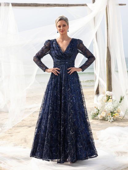 Additional product view of Lace V-Neck Long-Sleeve A-Line Sequin Mother-of-the-Bride Dress
