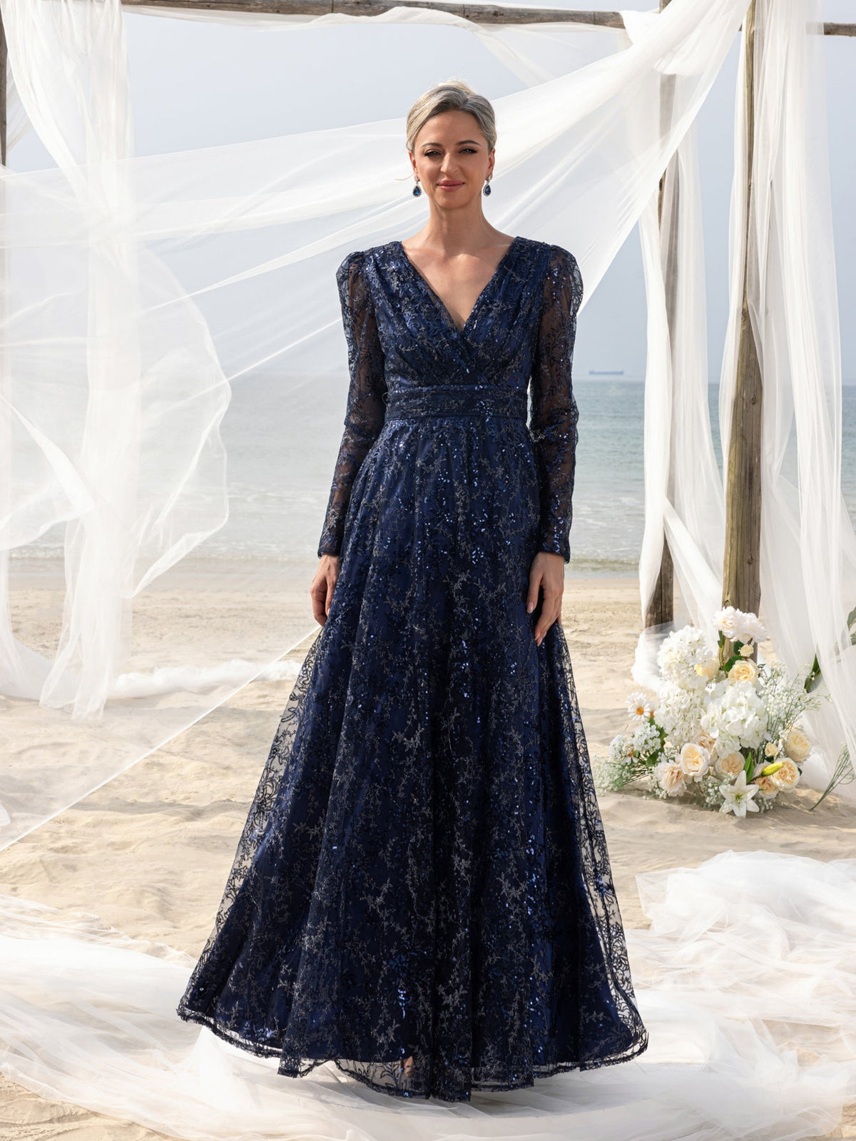 Additional product view of Lace V-Neck Long-Sleeve A-Line Sequin Mother-of-the-Bride Dress