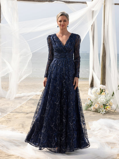 Additional product view of Lace V-Neck Long-Sleeve A-Line Sequin Mother-of-the-Bride Dress