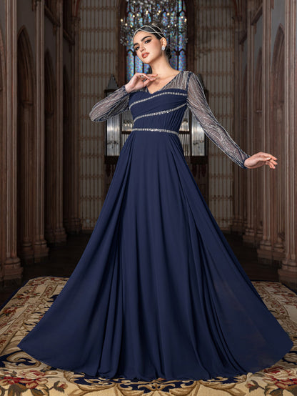 Elegant Chiffon V-Neck Evening Gown with Silver Sequined Translucent Sleeves & Floor-Length Skirt – view 4