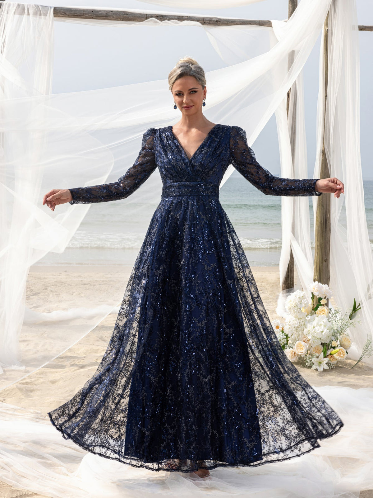 Additional product view of Lace V-Neck Long-Sleeve A-Line Sequin Mother-of-the-Bride Dress