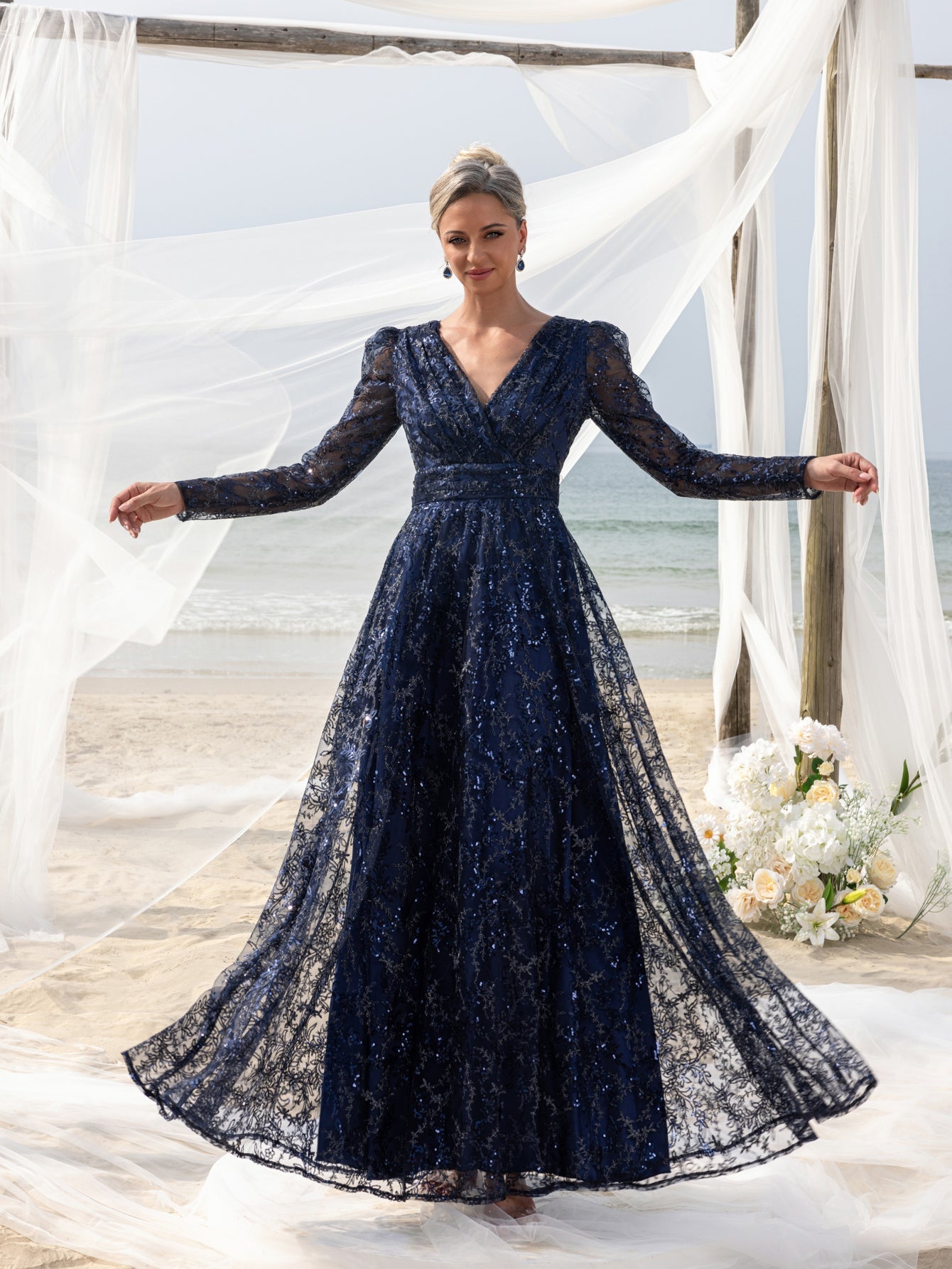 Additional product view of Lace V-Neck Long-Sleeve A-Line Sequin Mother-of-the-Bride Dress
