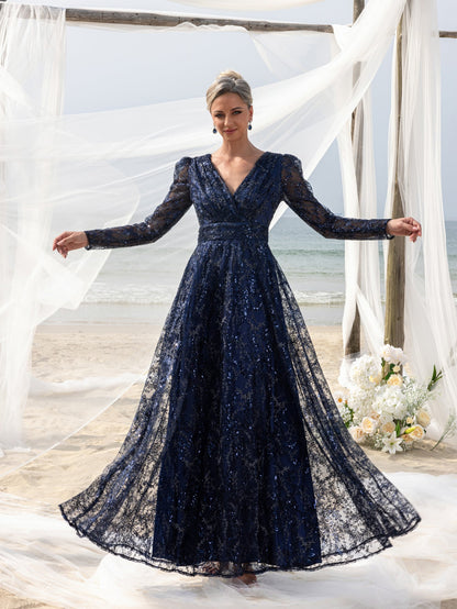 Additional product view of Lace V-Neck Long-Sleeve A-Line Sequin Mother-of-the-Bride Dress
