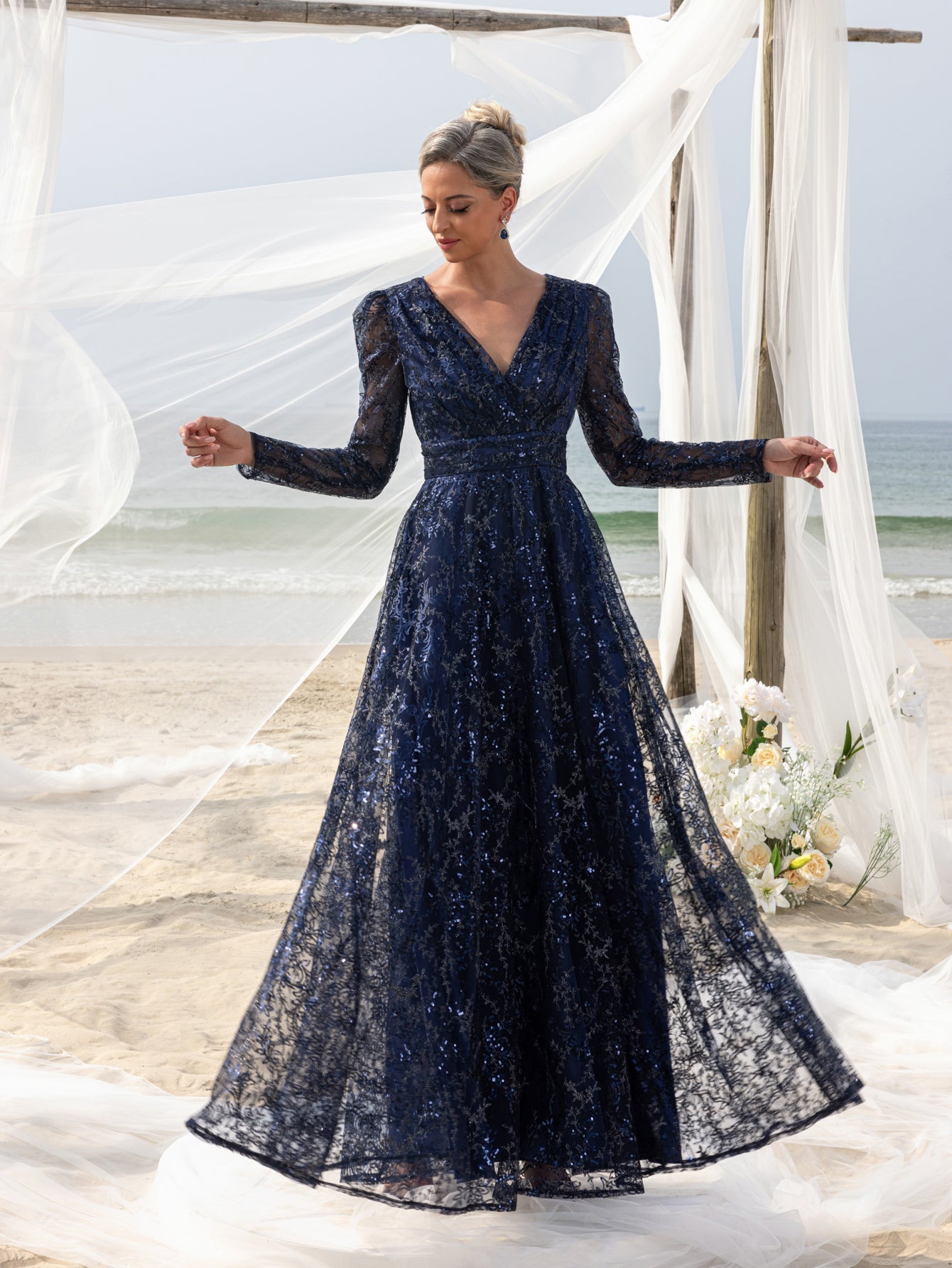Additional product view of Lace V-Neck Long-Sleeve A-Line Sequin Mother-of-the-Bride Dress