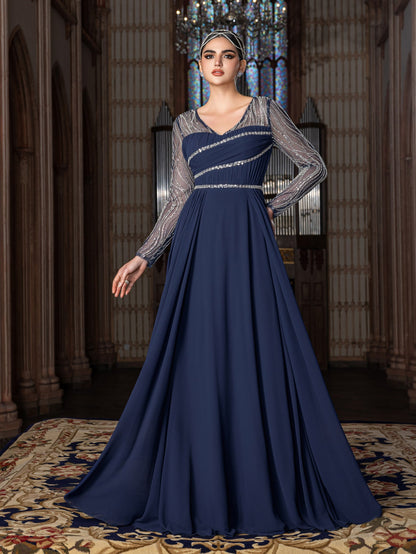 Elegant Chiffon V-Neck Evening Gown with Silver Sequined Translucent Sleeves & Floor-Length Skirt – view 5