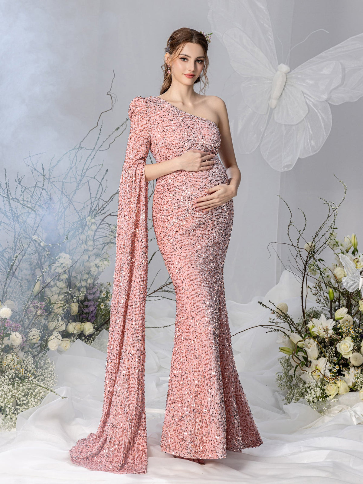 Additional product view of Mermaid Hem One-Shoulder Long-Sleeve Sequin Maxi Maternity Evening Dress
