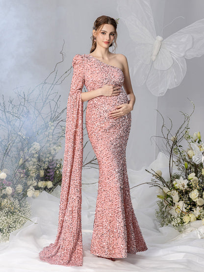 Additional product view of Mermaid Hem One-Shoulder Long-Sleeve Sequin Maxi Maternity Evening Dress
