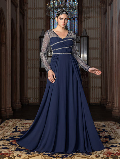 Elegant Chiffon V-Neck Evening Gown with Silver Sequined Translucent Sleeves & Floor-Length Skirt – view 6