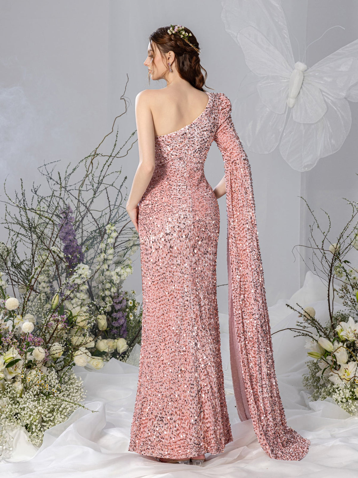 Additional product view of Mermaid Hem One-Shoulder Long-Sleeve Sequin Maxi Maternity Evening Dress