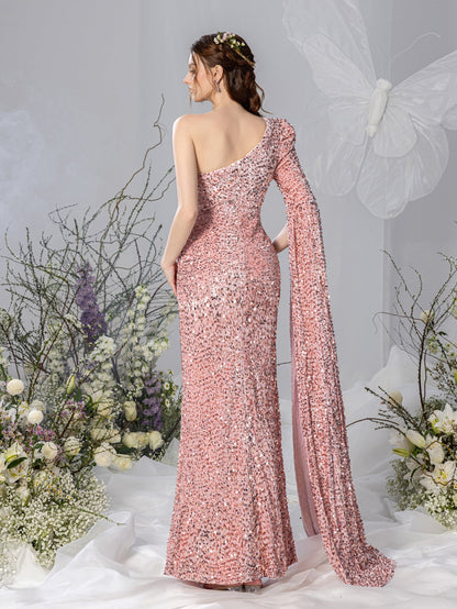 Additional product view of Mermaid Hem One-Shoulder Long-Sleeve Sequin Maxi Maternity Evening Dress