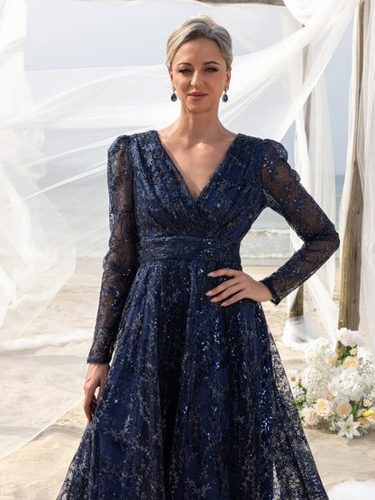 Additional product view of Lace V-Neck Long-Sleeve A-Line Sequin Mother-of-the-Bride Dress
