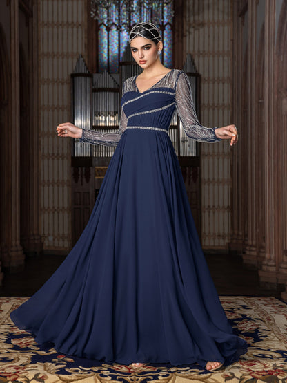 Elegant Chiffon V-Neck Evening Gown with Silver Sequined Translucent Sleeves & Floor-Length Skirt – view 7