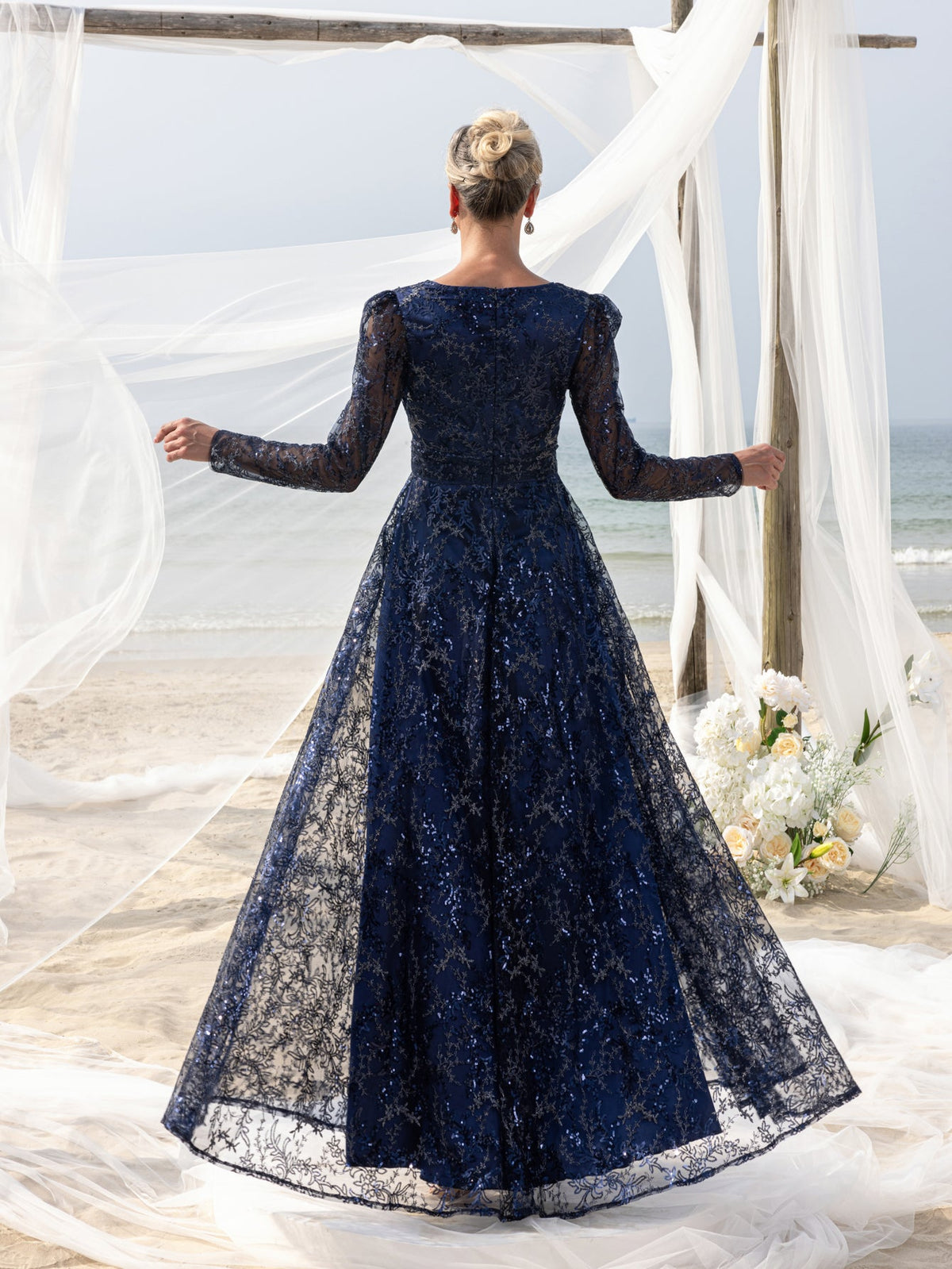 Additional product view of Lace V-Neck Long-Sleeve A-Line Sequin Mother-of-the-Bride Dress