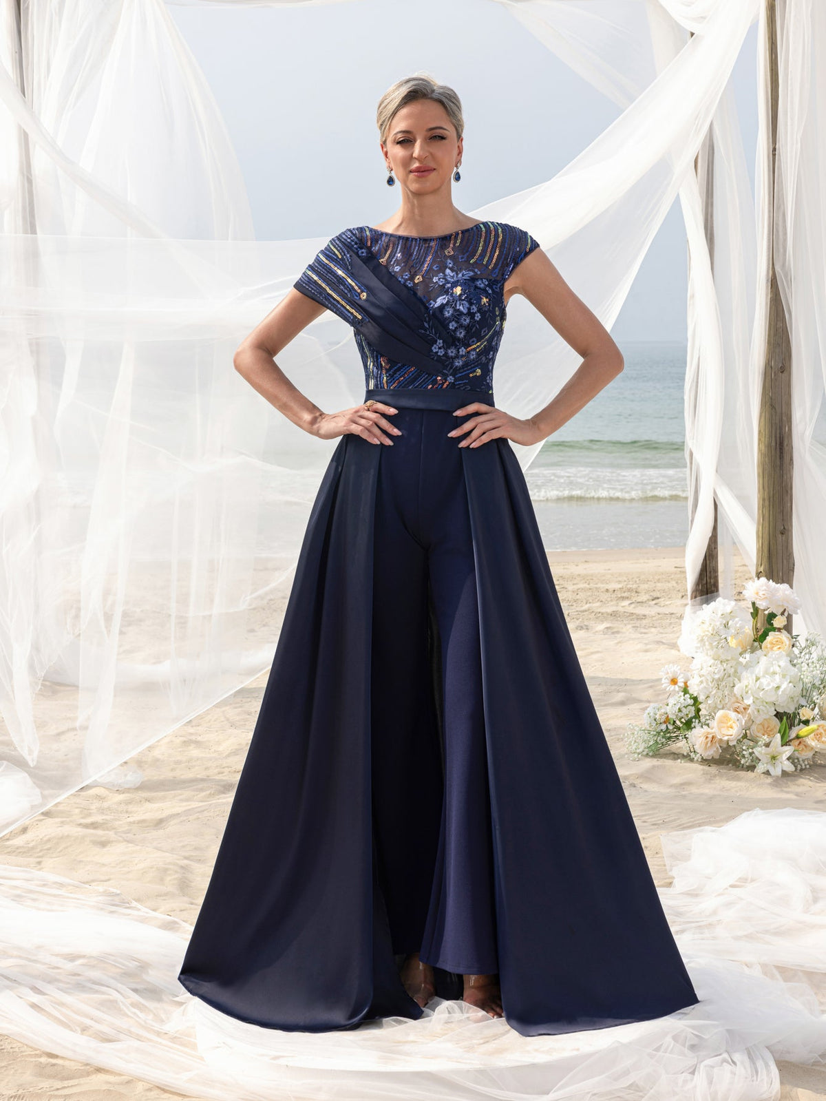 Additional product view of Satin V-Neck A-Line Sequin Maxi Mother-of-the-Bride Dress