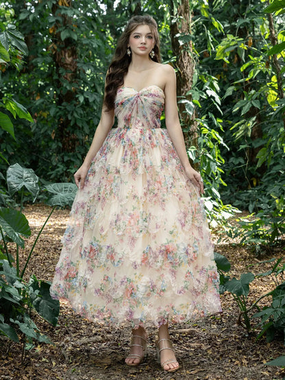 Midi Twist Front Ruffle Trim Floral Tulle Party Tube Dress – view 3