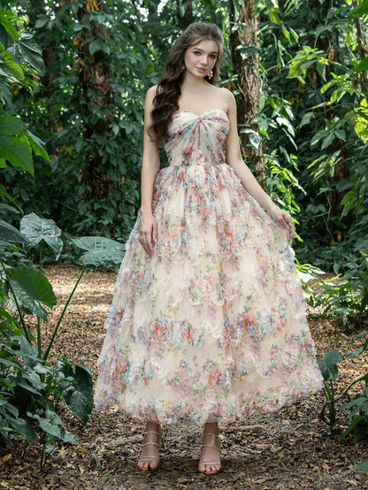 Midi Twist Front Ruffle Trim Floral Tulle Party Tube Dress – view 7