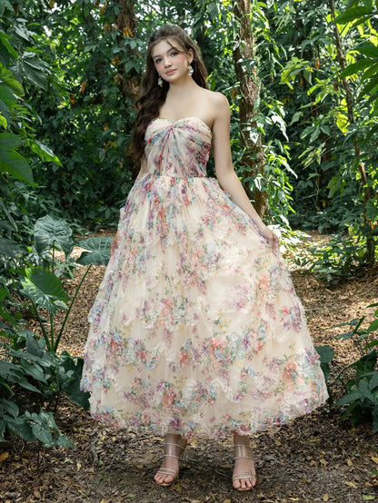 Midi Twist Front Ruffle Trim Floral Tulle Party Tube Dress – view 6