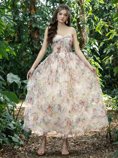 Midi Twist Front Ruffle Trim Floral Tulle Party Tube Dress – view 5