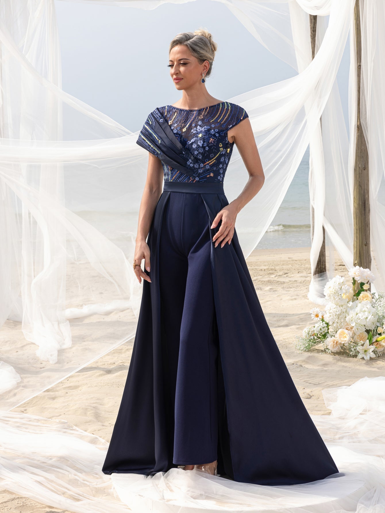 Additional product view of Satin V-Neck A-Line Sequin Maxi Mother-of-the-Bride Dress
