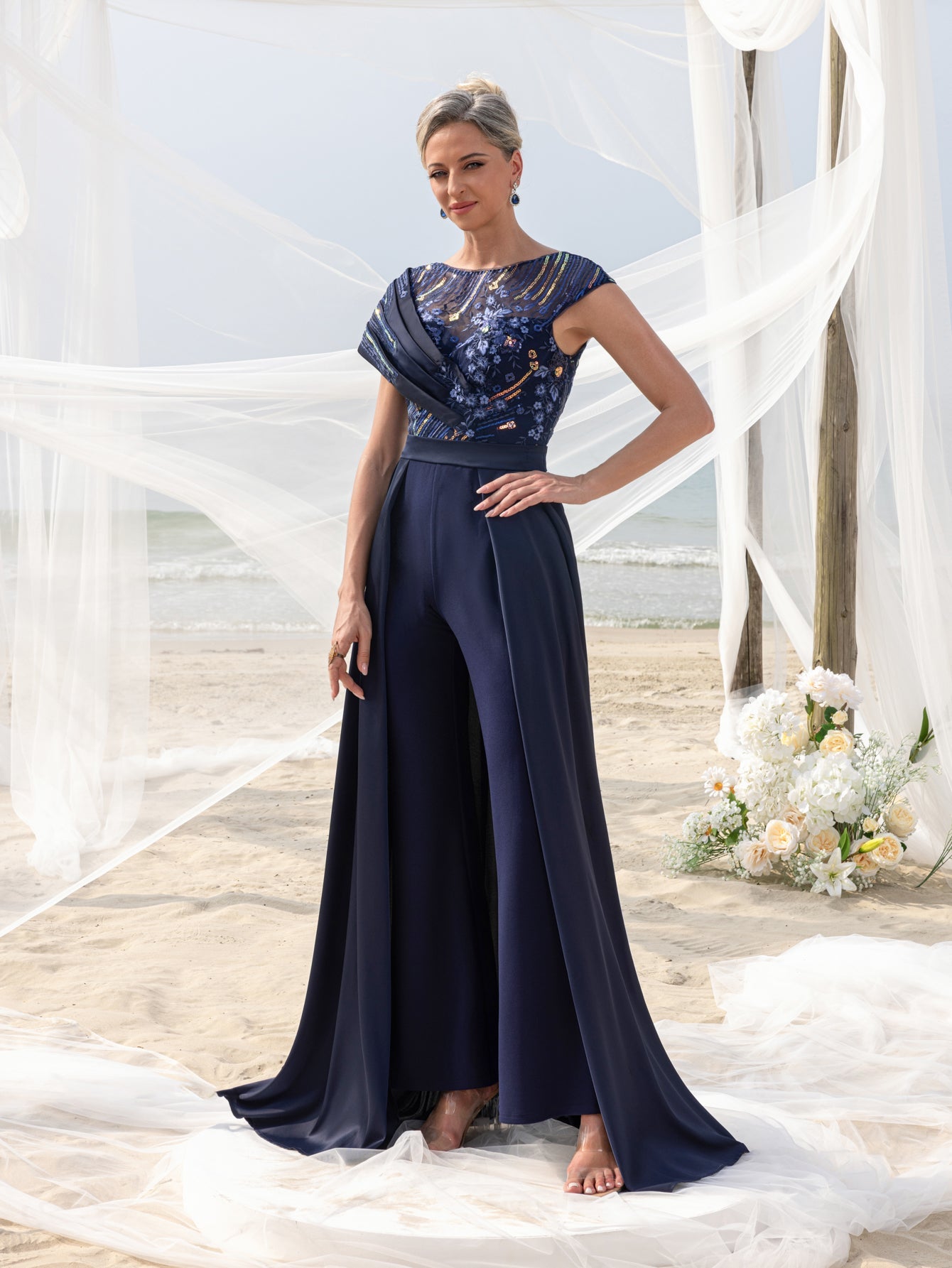 Additional product view of Satin V-Neck A-Line Sequin Maxi Mother-of-the-Bride Dress
