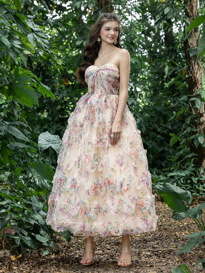 Midi Twist Front Ruffle Trim Floral Tulle Party Tube Dress – view 4