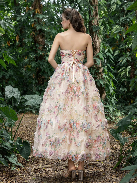 Midi Twist Front Ruffle Trim Floral Tulle Party Tube Dress – view 2