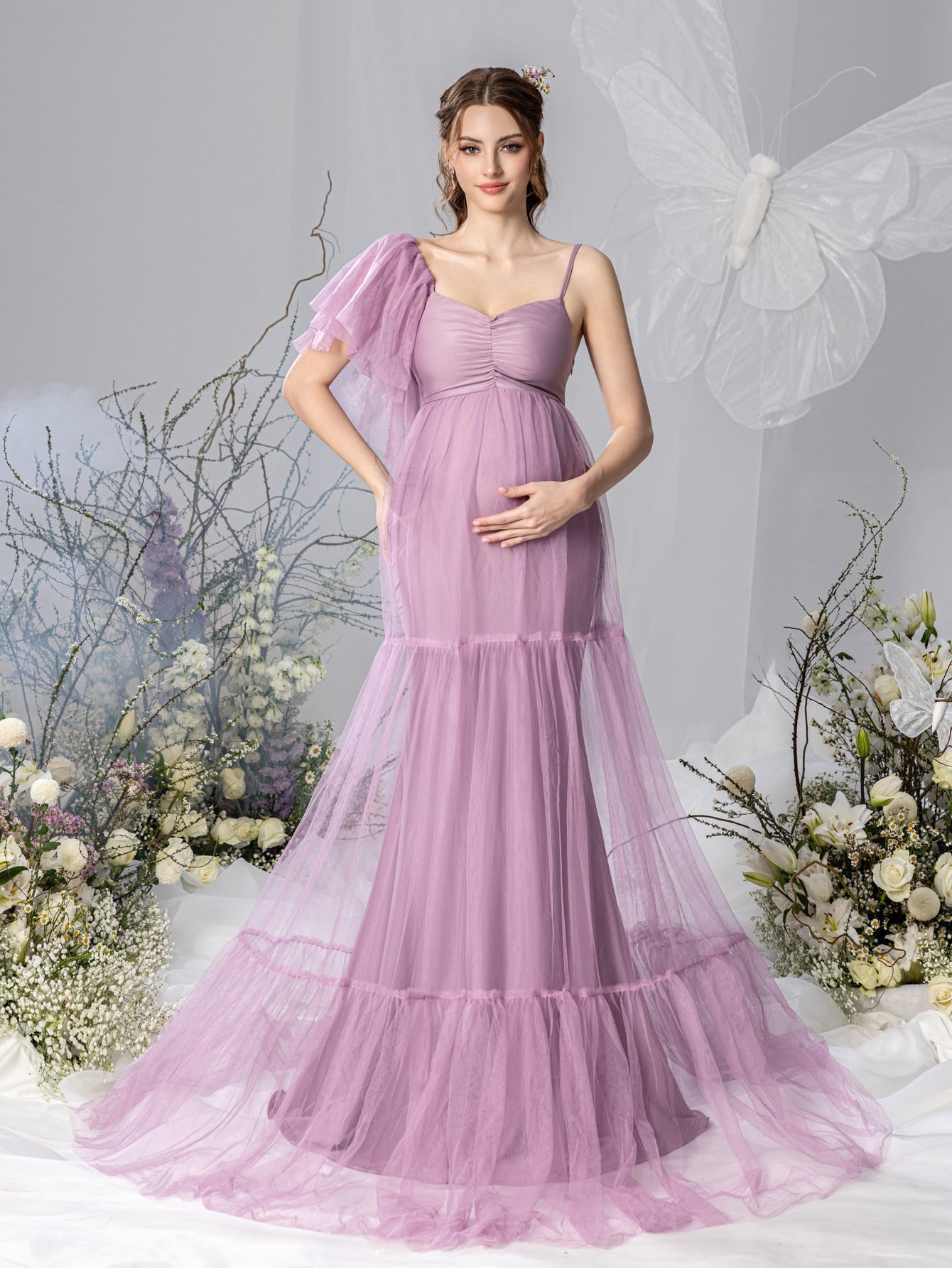 Maternity Ruched Bust Layered Hem Mesh Ruffle Cami Dress