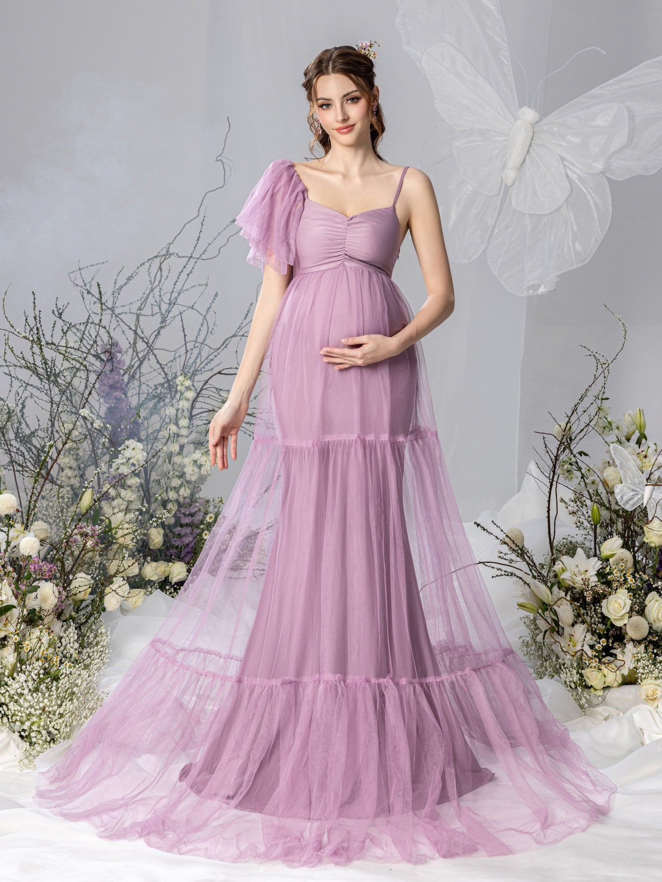 Maternity Ruched Bust Layered Hem Mesh Ruffle Cami Dress – view 4