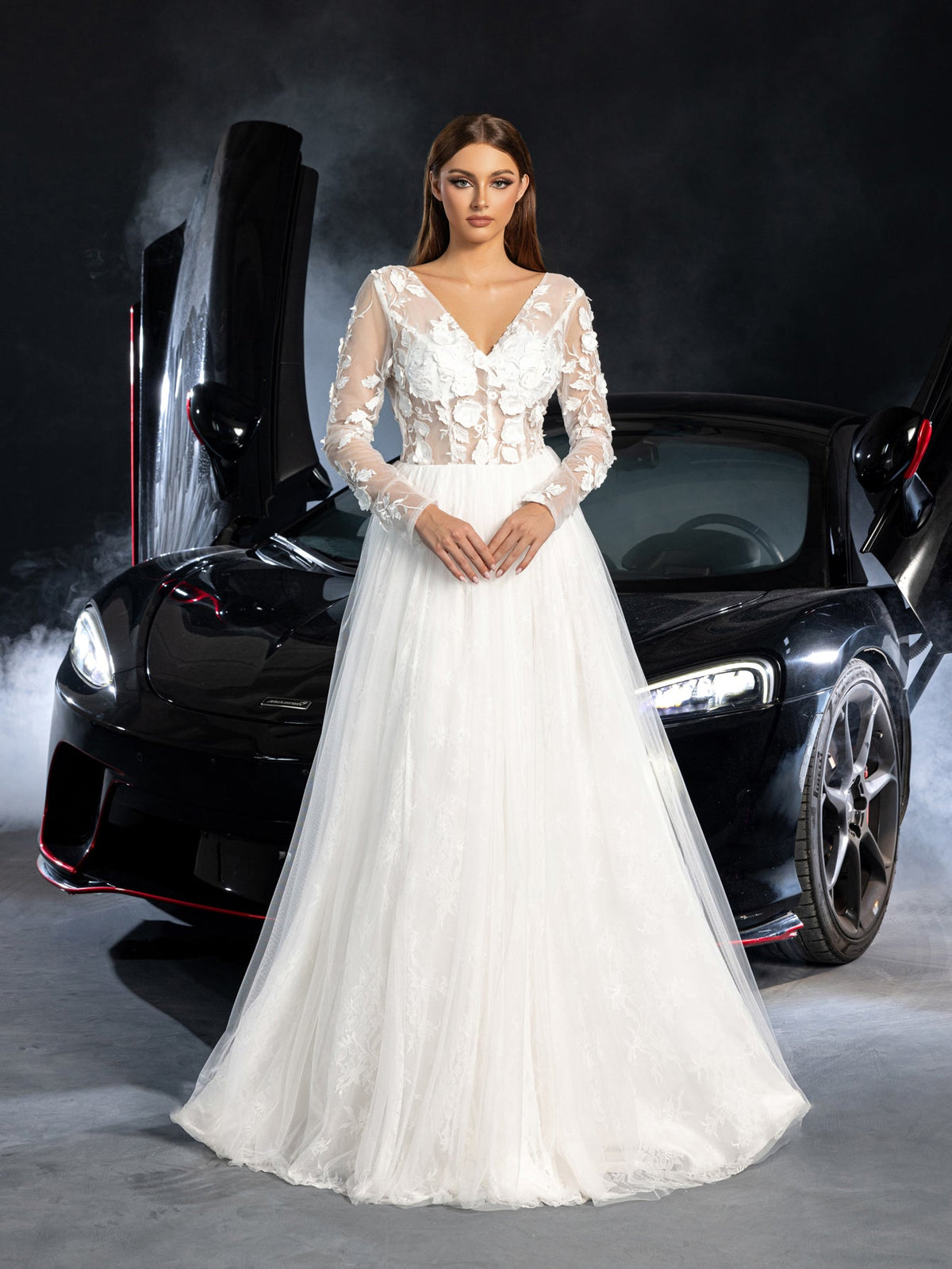 Additional product view of Plunging-Neck Backless Tulle V-Neck Long-Sleeve Wedding Dress