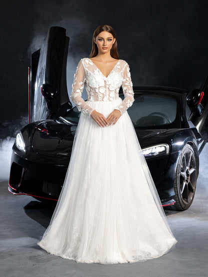 Additional product view of Plunging-Neck Backless Tulle V-Neck Long-Sleeve Wedding Dress