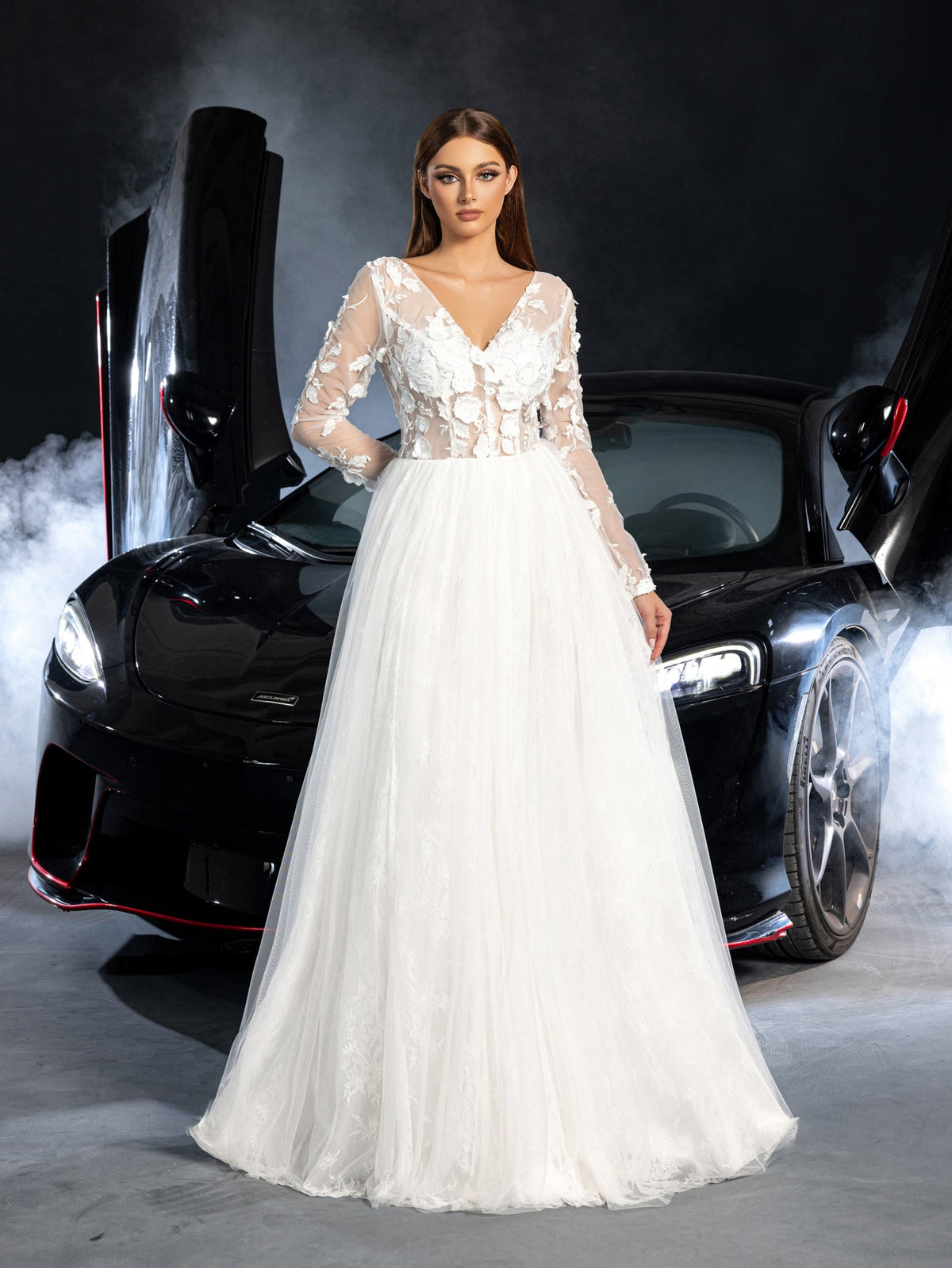 Additional product view of Plunging-Neck Backless Tulle V-Neck Long-Sleeve Wedding Dress