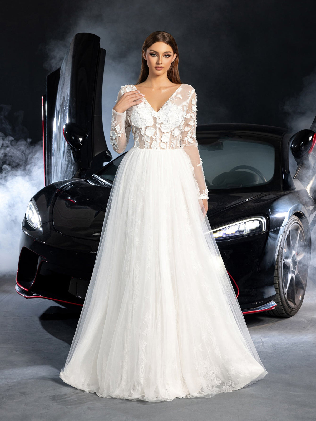 Additional product view of Plunging-Neck Backless Tulle V-Neck Long-Sleeve Wedding Dress