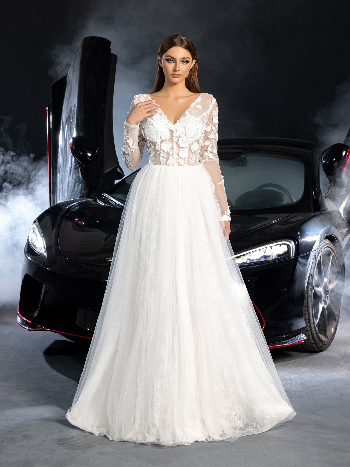 Additional product view of Plunging-Neck Backless Tulle V-Neck Long-Sleeve Wedding Dress