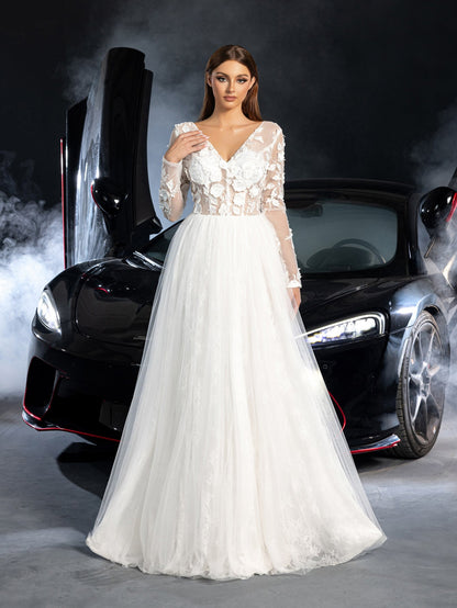 Additional product view of Plunging-Neck Backless Tulle V-Neck Long-Sleeve Wedding Dress