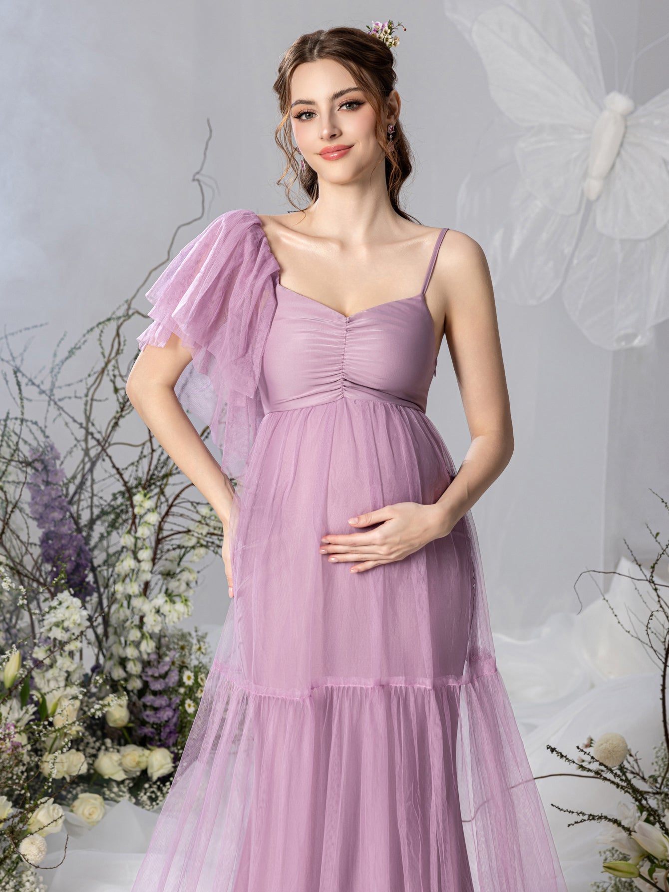 Maternity Ruched Bust Layered Hem Mesh Ruffle Cami Dress – view 7