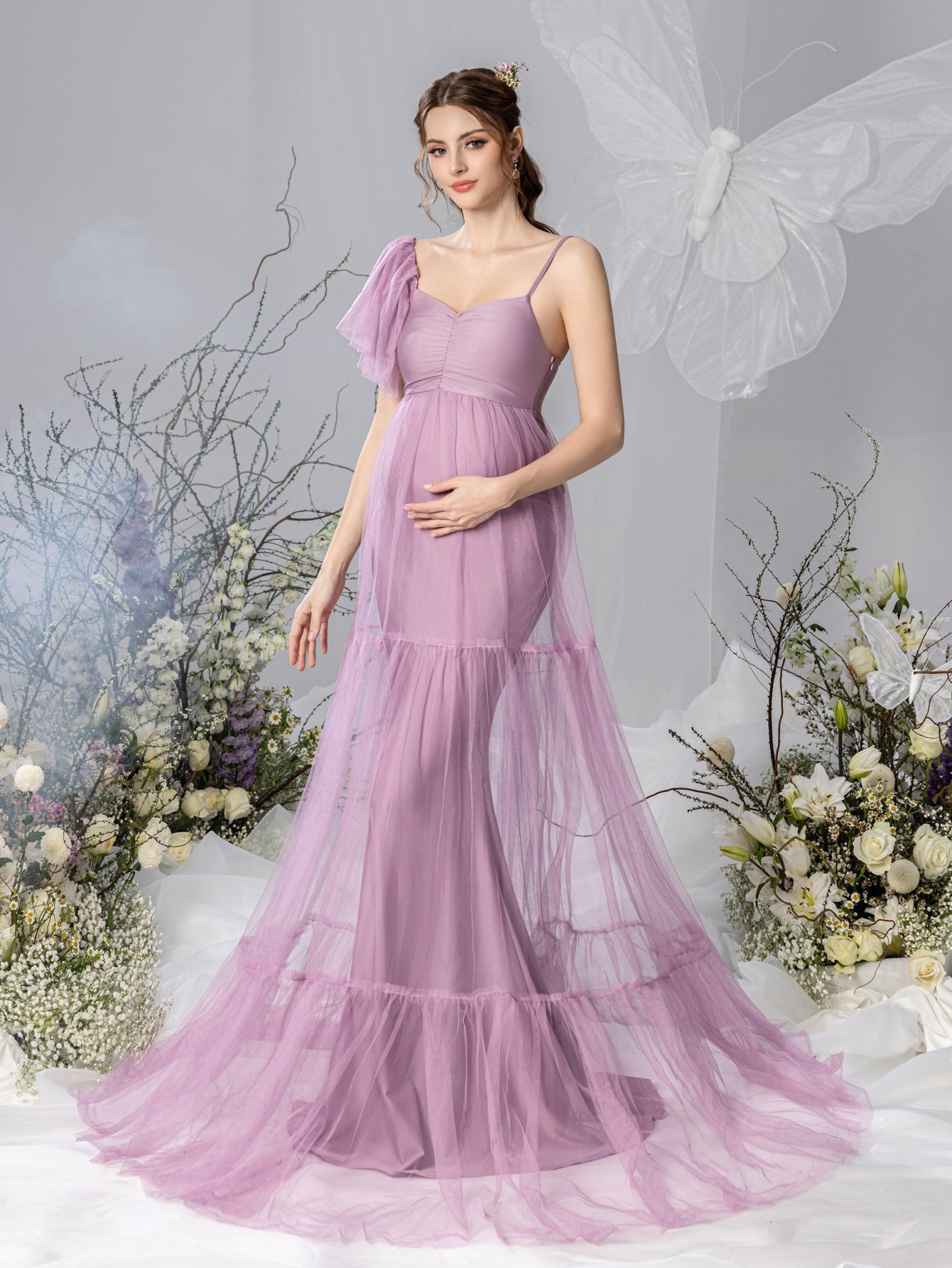 Maternity Ruched Bust Layered Hem Mesh Ruffle Cami Dress – view 5
