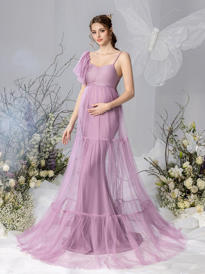 Maternity Ruched Bust Layered Hem Mesh Ruffle Cami Dress – view 5