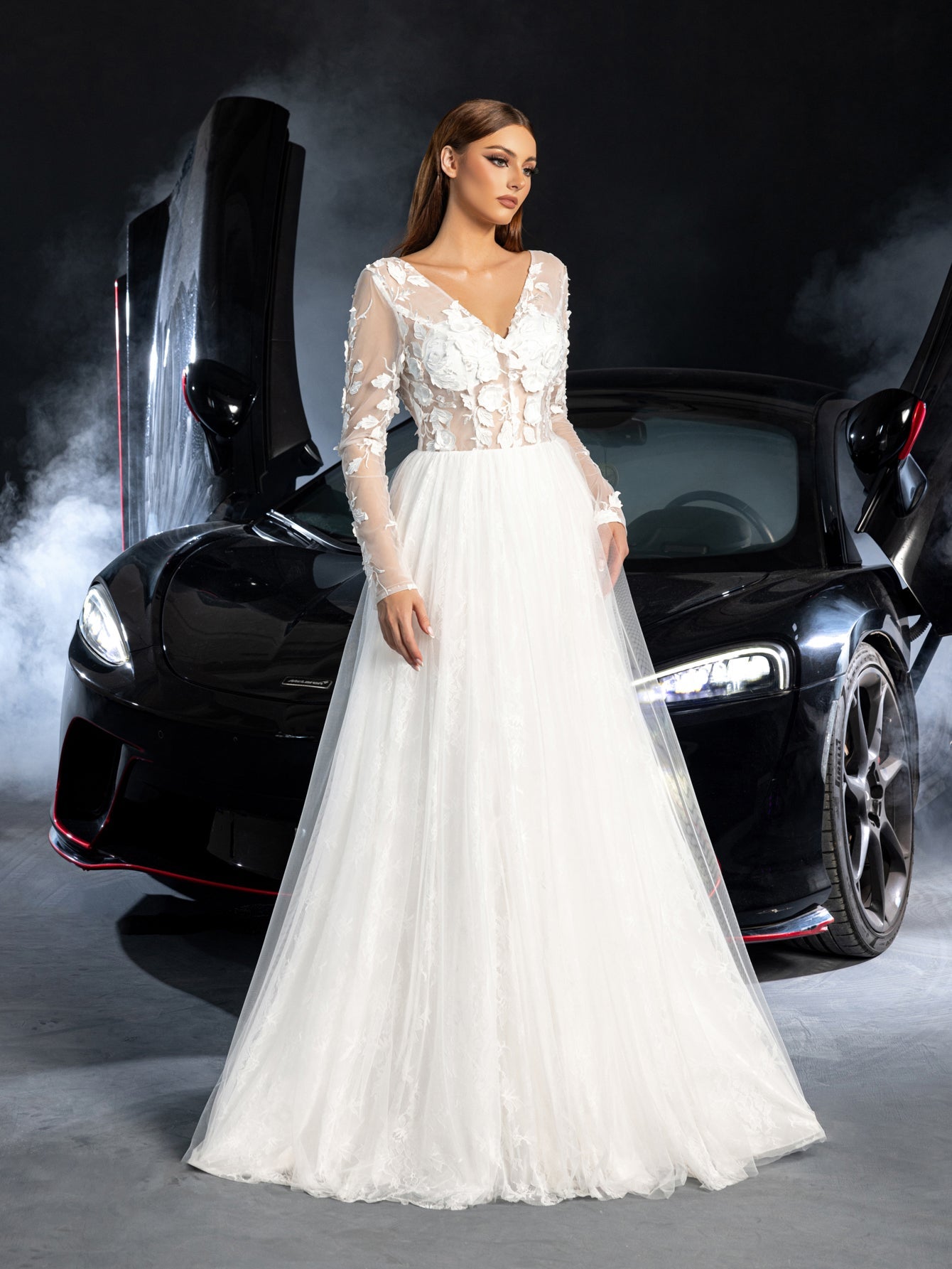 Additional product view of Plunging-Neck Backless Tulle V-Neck Long-Sleeve Wedding Dress