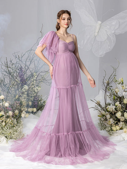 Maternity Ruched Bust Layered Hem Mesh Ruffle Cami Dress – view 6