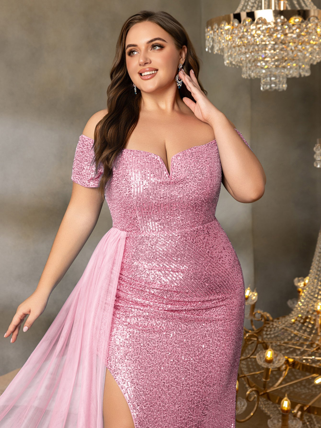 Additional product view of High-Slit Plus-Size Off-Shoulder Sequin Mermaid Evening Gown