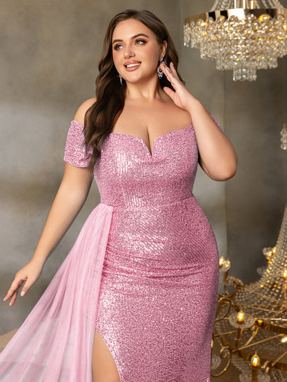 Additional product view of High-Slit Plus-Size Off-Shoulder Sequin Mermaid Evening Gown